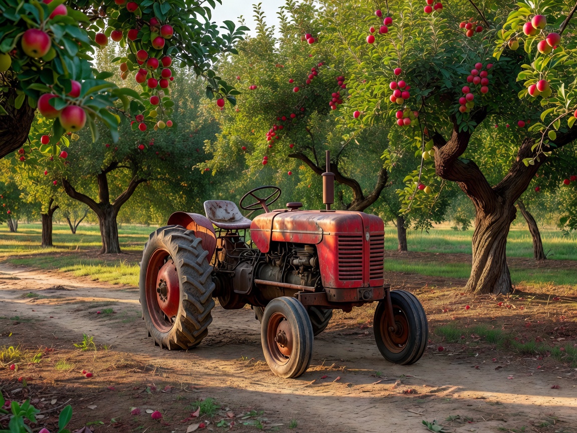 Vintage red tractor in an orchard
